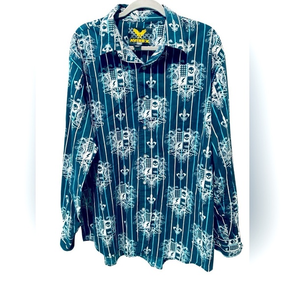Avirex Mens Shirt 2XL Button Cotton Affliction Glitter Skull Blue Silver Vtg Y2K - Picture 1 of 5